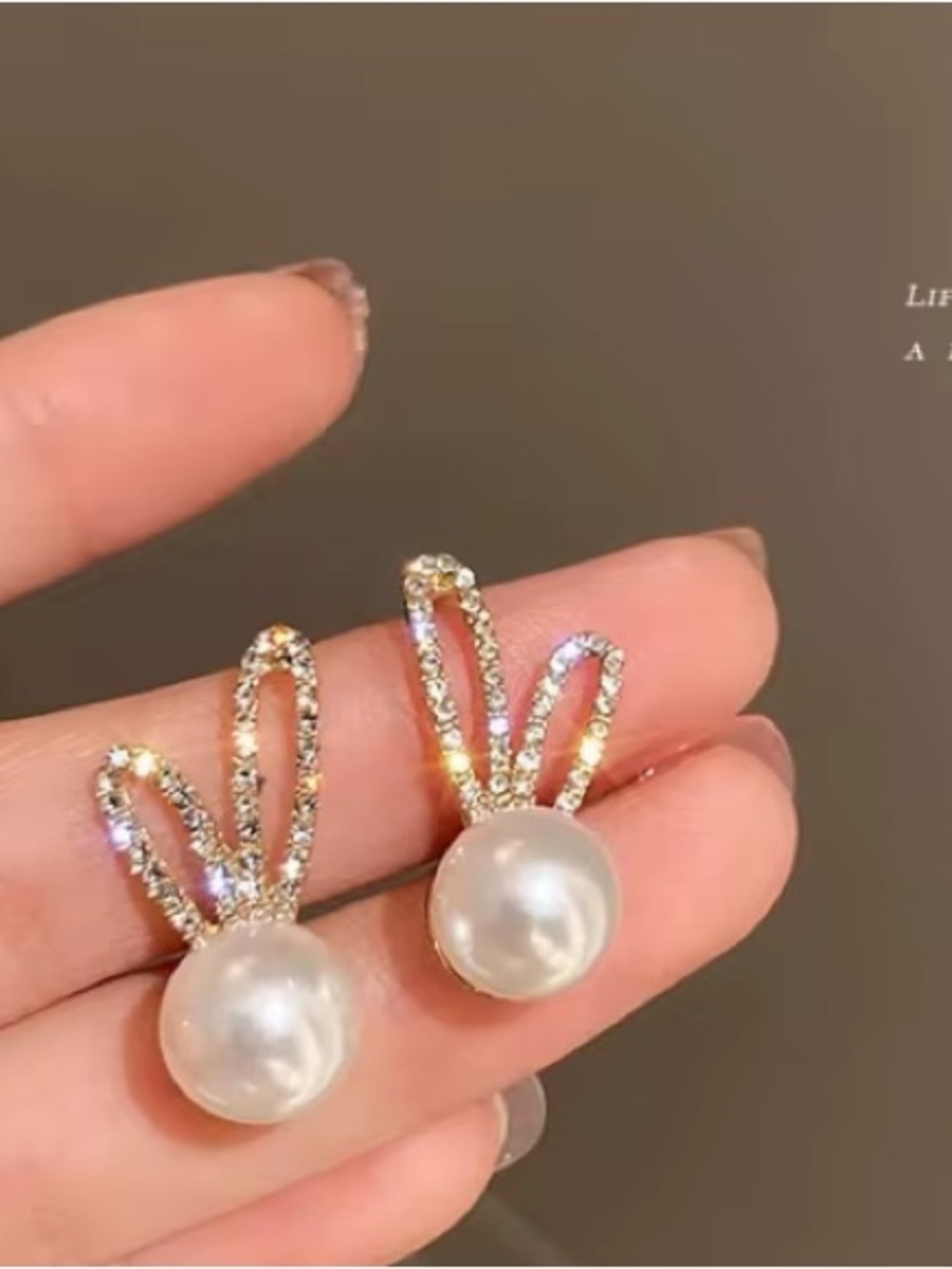 *** Chic Pearl Bunny Stud Earrings with Crystal Accents - Gold Tone